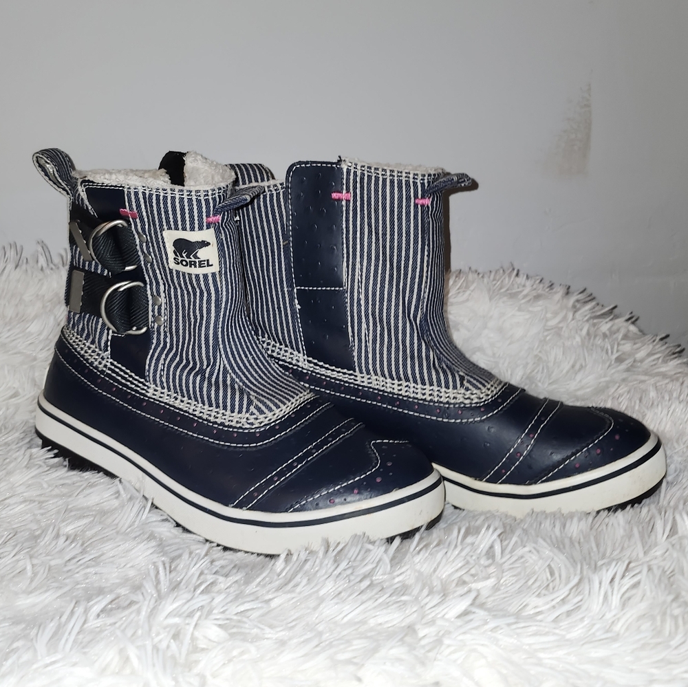 Sorel Tivoli Navy White Stripe Waterproof BOOTS Booties Sz 7